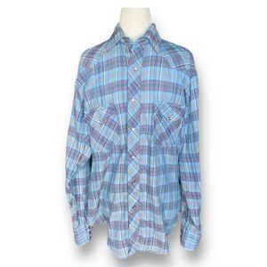 Vintage H Bar C Ranchwear Shirt Permanent Press Long Tail‎ Blue Plaid Pearl Snap